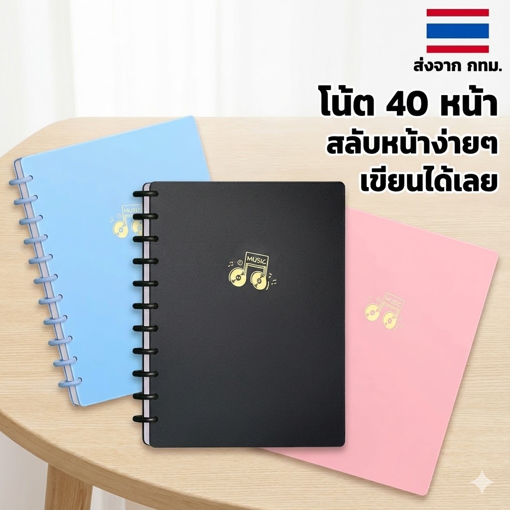 แฟ้ม โน้ตเพลง 40 หน้า สลับซองภายในไปมาเพื่อเรียงลำดับเพลงได้ง่าย เขียนได้โดยไม่ต้องดึงออกมา