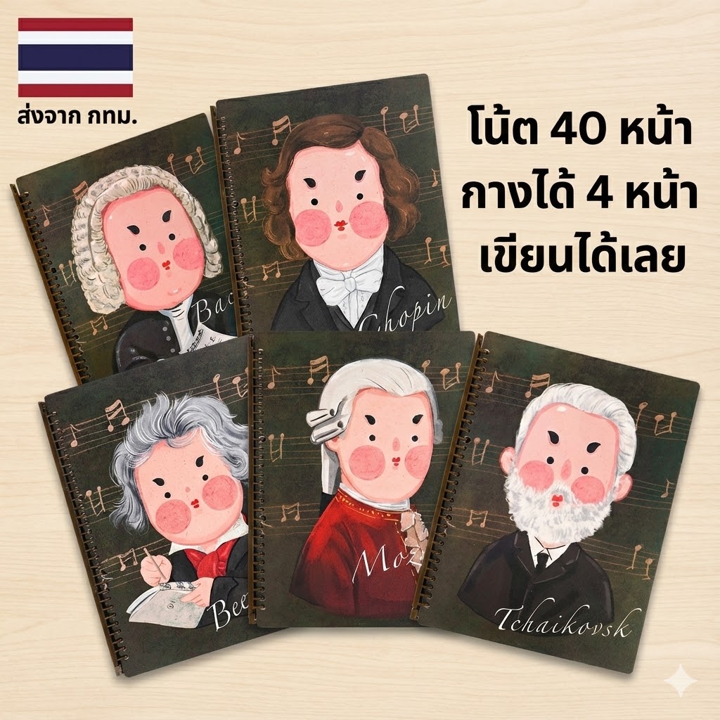 แฟ้ม รูปคีตกวี โน้ตเพลง 40 หน้า (ซอง 4 หน้า 10 ซอง) เขียนได้เลย ไม่ต้องดึงออกมา